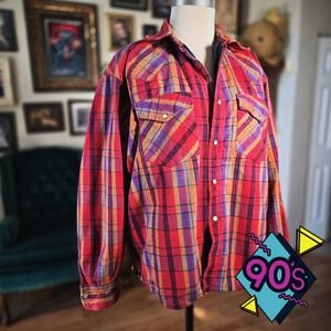 Rustic Outfitters Flannel Shirt Vintage 90s Quilted Lining Plaid Pearl Snap XL